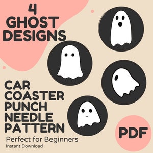 Ghost Car Coaster, Punch Needle Coaster for Beginners, Cute Ghost Mug Rug, Needle Punch Embroidery File