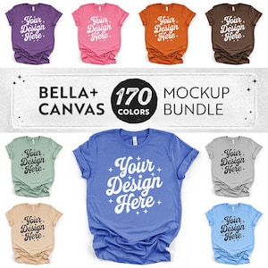 May include: A mockup bundle of Bella+Canvas t-shirts in various colors, including purple, pink, orange, brown, green, blue, gray, beige, and light blue. Each shirt features the text "Your Design Here."