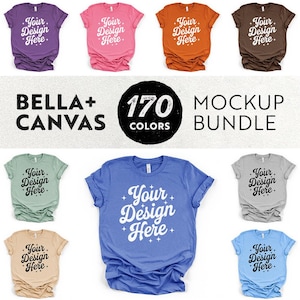 May include: A selection of Bella+Canvas t-shirts in diverse colours, such as purple, pink, orange, and brown. Each shirt displays the text "Your Design Here." A blue t-shirt with the same text is also shown.