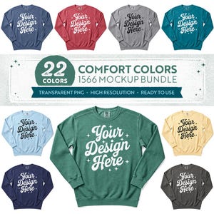 Pode incluir: Uma coleção de camisolas de gola redonda em várias cores, incluindo azul, vermelho, cinzento, azul-petróleo, azul-claro, verde, amarelo e cinzento-escuro. Cada camisola apresenta o texto Your Design Here em branco ou preto com estrelas.