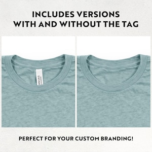 K&ouml;nnte beinhalten: Zwei Nahaufnahmen eines hellt&uuml;rkisfarbenen T-Shirts mit Rundhalsausschnitt. Ein Shirt hat ein wei&szlig;es Etikett mit der Aufschrift "ANVAS LA-CANVAS". Der Text "INCLUDES VERSIONS WITH AND WITHOUT THE TAG" und "PERFECT FOR YOUR CUSTOM BRANDING!" sind zu sehen.