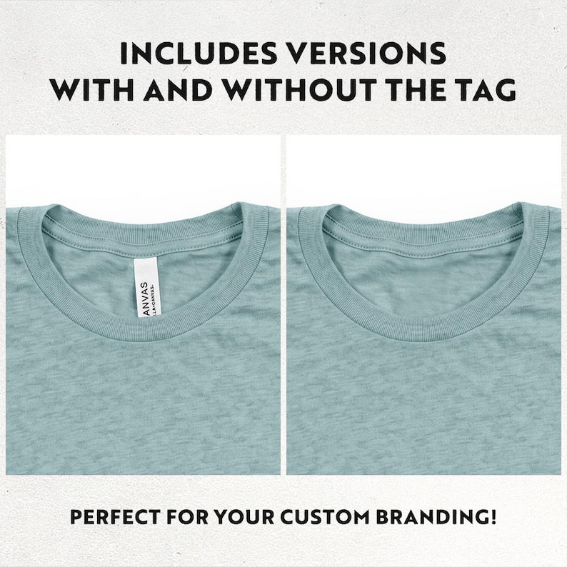 K&ouml;nnte beinhalten: Zwei Nahaufnahmen eines hellt&uuml;rkisfarbenen T-Shirts mit Rundhalsausschnitt. Ein Shirt hat ein wei&szlig;es Etikett mit der Aufschrift "ANVAS LA-CANVAS". Der Text "INCLUDES VERSIONS WITH AND WITHOUT THE TAG" und "PERFECT FOR YOUR CUSTOM BRANDING!" sind zu sehen.