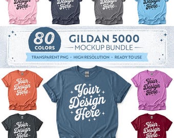 80 Farben: Gildan 5000 Vorder- und Rückseite Mockup-Bundle Vol. 1 | Flat-Lay-T-Shirt-Mockups | Mit und ohne Etikett (Digitaler Download)