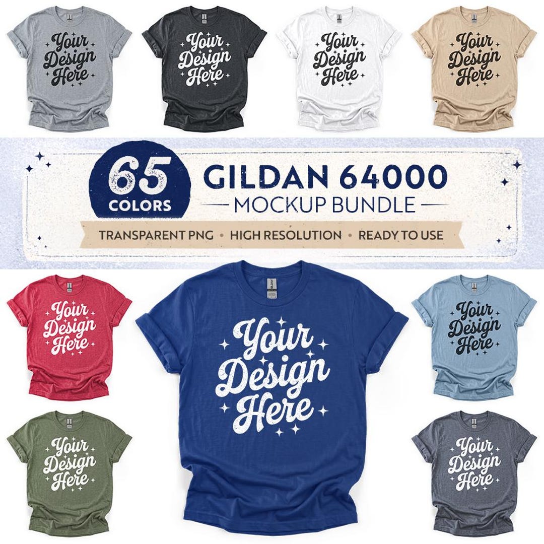 65 Colors: Gildan 64000 Front & Back Mockup Bundle Vol 1 | Flat Lay T-Shirt Mockups | With