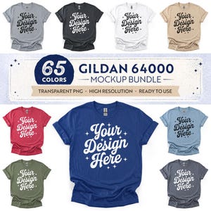 May include: A mockup bundle of Gildan 64000 t-shirts in various colours, including grey, black, white, tan, red, blue, green, and slate blue. Each shirt features the text "Your Design Here" in a white, stylised font. The image also includes a banner with the text "65 COLOURS" and "MOCKUP BUNDLE".