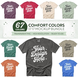 Puede incluir: Una colección de camisetas en varios colores, como morado, rojo, beige y verde, con el texto "Your Design Here". La imagen también presenta una pancarta con el texto "67 Comfort Colors 17 Mockup Bundle".