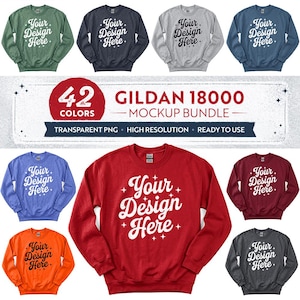 Könnte beinhalten: Ein digitales Mockup-Paket mit 42 Gildan 18000 Rundhals-Sweatshirts in verschiedenen Farben, darunter Rot, Grün, Blau, Grau und Orange. Jedes Sweatshirt zeigt den Text Your Design Here mit kleinen Sternakzenten in der Mitte.
