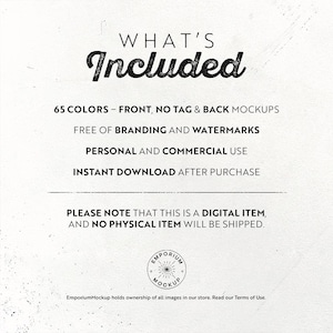 May include: A white background with the words "WHAT'S Included" in a black, handwritten font. Text below details 65 colors, mockups, branding, and commercial use. It is a digital item with instant download.