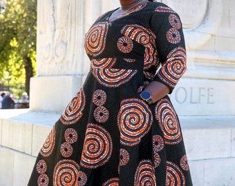African Print Cotton Midi Dress, Fit & Flare Ankara Skater Dress