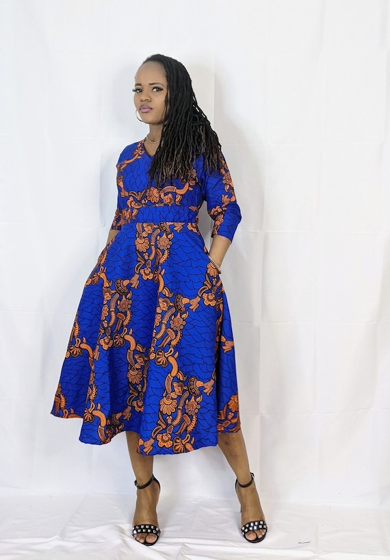 white christmas dresses Blue On Peach Ankara Skater Dress – ShopByBoomni