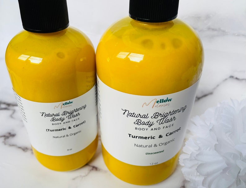 May include: Two yellow plastic bottles of natural brightening body wash with a turmeric and carrot scent. The bottles are labeled "Mellow Naturals" and are 8 oz and 12 oz.