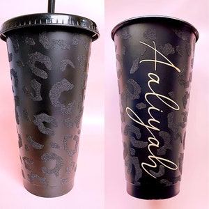 Personalised Glitter Leopard Print Cold Cup UK | Like Starbucks Reusable Tumbler | Black With Name | With lid And Straw | Custom Name