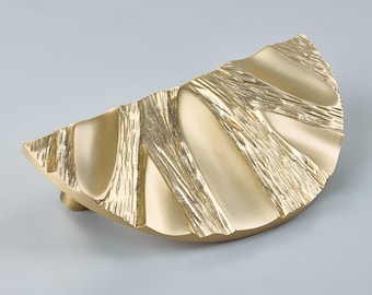 Solid Brass Half Moon Door Handle – Handcrafted Bark Texture Gold Cabinet Pull