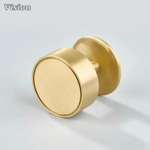 May include: A gold-colored cabinet knob with a circular design. The knob has a cylindrical body and a round, flat base. The word "Vision" is in the upper left corner. This hardware is suitable for drawers and cabinets.