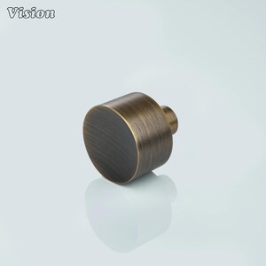 May include: A bronze-colored cabinet knob with a cylindrical body and a rounded face. The knob has a brushed metal texture and a small, cylindrical projection on the back for attachment. The word "Vision" is in the top left corner.