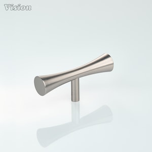 May include: A brushed nickel cabinet pull with a contemporary design. The pull has a cylindrical post and a horizontal bar with flared ends. The word "Vision" is in the upper left corner.