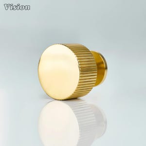 Op de afbeelding: Een goudkleurige kastknop met een ronde, platte voorkant en een geribbelde, cilindrische behuizing. De knop heeft een kleine, cirkelvormige basis en wordt weerspiegeld in het glanzende oppervlak eronder. Het woord "Vision" staat linksboven.