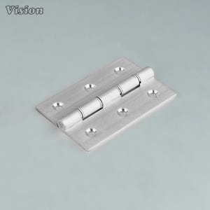 May include: A brushed metal hinge with a cylindrical barrel and rectangular mounting plates. The hinge has multiple screw holes for attachment. The word "Vision" is in the top left corner.