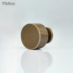 May include: A bronze-colored cabinet knob with a circular, ridged design. The knob has a flat, circular face and a smaller, rounded base. The word "Vision" is in the upper left corner.