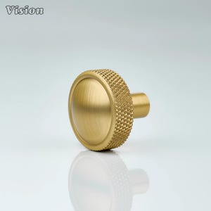 May include: A brass cabinet knob with a textured, diamond-patterned edge and a smooth, rounded face. The knob has a cylindrical stem and is set against a light background. The word "Vision" is in the upper left corner.