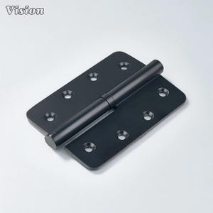May include: A black door hinge with a cylindrical barrel and two rectangular plates, each with multiple screw holes. The word "Vision" is in the upper left corner. The hinge is made of metal.