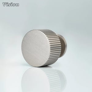 Op de afbeelding: Een metalen kastknop met een cirkelvormig ontwerp. De knop heeft een plat, glad oppervlak en een geribbelde rand. Het woord "Vision" staat in de linkerbovenhoek.