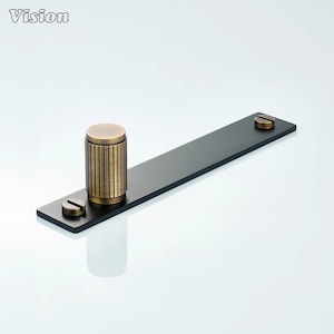 May include: A black metal cabinet pull with a cylindrical, ribbed brass handle and two brass screws. The word "Vision" is printed in the upper left corner. The hardware is designed for furniture and cabinetry.
