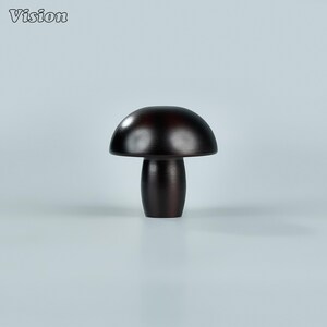 May include: A dark brown mushroom-shaped object with a rounded cap and a cylindrical stem. The object is made of wood and has a smooth, polished finish. The word "Vision" is in the top left corner.