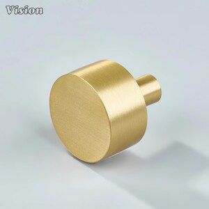 May include: A cylindrical cabinet knob in a brushed brass finish. The knob has a round, flat face and a smaller, cylindrical stem for attachment. The word "Vision" is in the upper left corner.