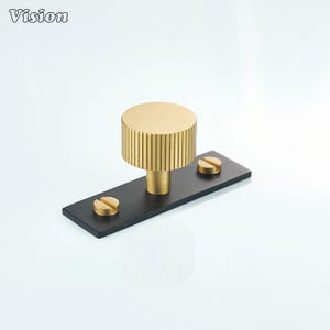 Puede incluir: Un pomo de armario dorado con un diseño cilíndrico y estriado, montado sobre una base rectangular negra. Dos tornillos dorados aseguran la base. La palabra "Vision" está en la esquina superior izquierda.