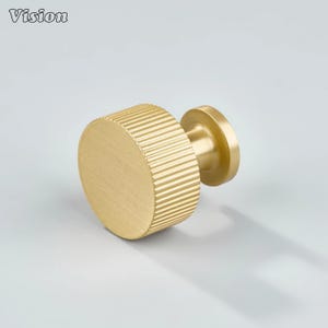 May include: A gold-coloured cabinet knob with a ridged, circular handle and a smaller, circular base. The word "Vision" is in the upper left corner. The knob is likely for furniture or cabinetry.