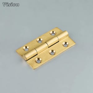 May include: A brass hinge with six screw holes. The hinge is rectangular with a cylindrical joint in the middle. The word "Vision" is printed in the upper left corner.