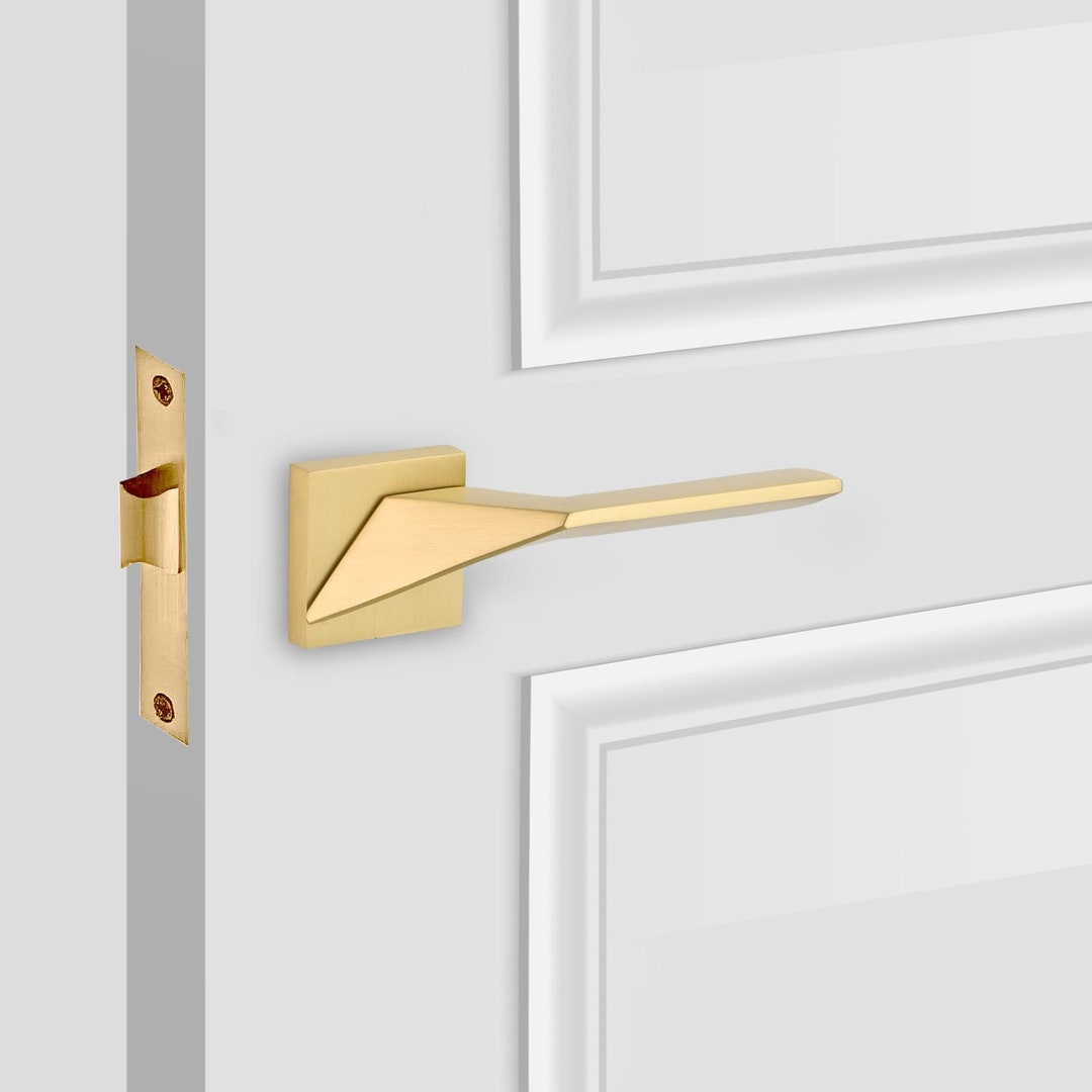 Luxury Brushed Gold Door Handles Lever Pair Lock Set on Rose for Indoor Interior Solid Brass