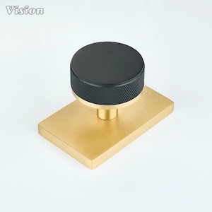 Pode incluir: Um puxador de móvel com topo circular preto e borda serrilhada texturizada, montado sobre uma base retangular de ouro escovado. A palavra Vision está impressa no canto superior esquerdo. A ferragem possui um acabamento metálico e sólido.
