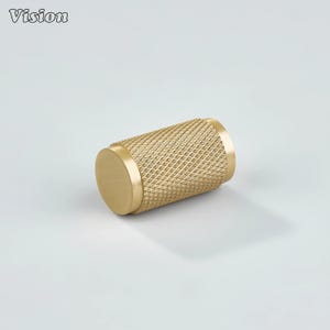 May include: A cylindrical cabinet knob with a diamond pattern texture in a gold finish. The knob has a flat, circular end on each side. The word "Vision" is in the upper left corner.