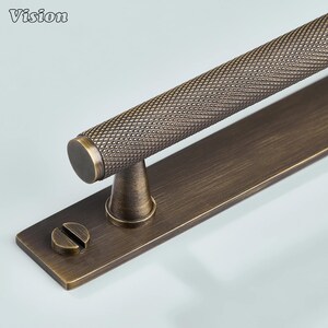 May include: Close-up of a bronze-colored door pull with a textured, diamond-patterned handle. The pull is mounted on a rectangular plate with a matching finish, and includes a screw head. The word "Vision" is in the top left corner.
