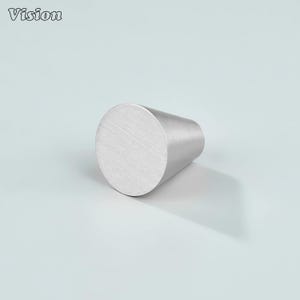 Op de afbeelding: Een metalen kastknop met een cilindrische vorm. De knop heeft een plat, cirkelvormig oppervlak en loopt taps toe naar een kleinere cilinder. Het woord "Vision" staat in de linkerbovenhoek.