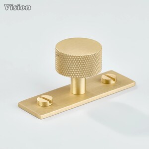 May include: A gold-colored cabinet pull with a textured, cylindrical knob and two screw heads. The pull is mounted on a rectangular base. The word "Vision" is in the upper left corner.