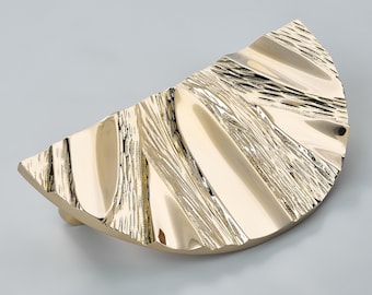 Solid Brass Half Moon Door Handle – Polished Unlacquered, Handcrafted Bark Texture Cabinet Pull