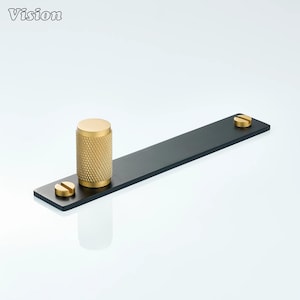 May include: A black rectangular cabinet pull with two gold screws and a textured gold cylindrical handle. The word "Vision" is in the top left corner. The hardware is set against a white background.