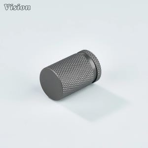 Op de afbeelding: Een cilindrisch, donkergrijs metalen object met een textuur van een ruitpatroon op het hoofdonderdeel en een glad, plat uiteinde. Het woord "Vision" staat in de linkerbovenhoek. Het kan een meubelknop zijn.