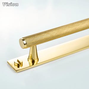 May include: A gold-colored door handle with a textured, diamond-patterned grip. The handle is mounted on a rectangular plate with a screw. The word "Vision" is in the upper left corner.