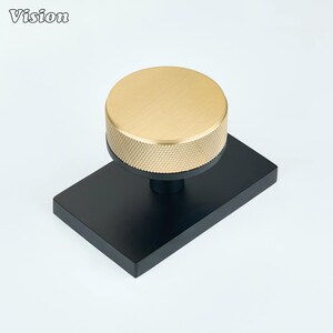 Pode incluir: Um puxador circular de tom dourado com uma borda texturizada e serrilhada montado numa placa de base retangular preta mate. A superfície superior do puxador é lisa e plana. A palavra Vision está impressa no canto superior esquerdo.