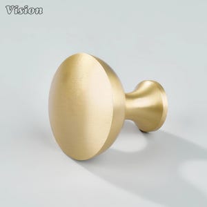 May include: A gold-colored cabinet knob with an oval shape and a cylindrical base. The word "Vision" is printed in the upper left corner. The knob is made of metal and has a smooth, matte finish.
