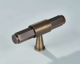 Solid Brass Hexagonal T-Knob – Antique Bronze Cabinet Drawer Pull