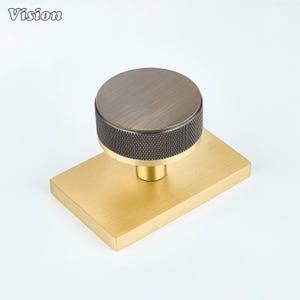 Pode incluir: Um puxador de móvel com um topo circular em tom de bronze escuro, apresentando uma borda texturizada e serrilhada e um centro liso. O puxador está montado numa placa de base retangular em tom de ouro escovado. A palavra Vision está impressa no canto superior esquerdo.