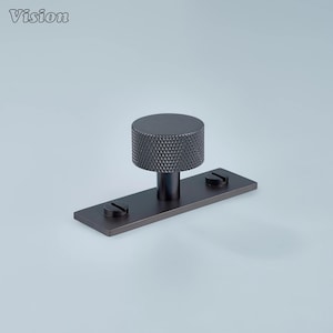 Puede incluir: Un pomo de armario gris oscuro con un mango cilíndrico texturizado y una base rectangular. La base tiene dos tornillos para el montaje. La palabra "Vision" está en la esquina superior izquierda.