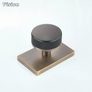 May include: A cabinet knob with a circular, matte black top featuring a textured, knurled edge. The knob is mounted on a rectangular, brushed antique brass backplate. The word Vision is printed in the upper left corner of the image.