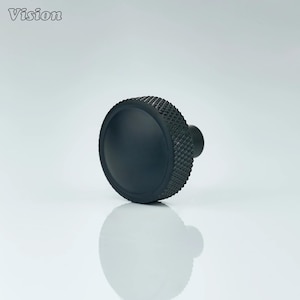 May include: A black knob with a textured, knurled edge and a smooth, rounded center. The word "Vision" is in the upper left corner. The knob is likely a furniture or appliance component.