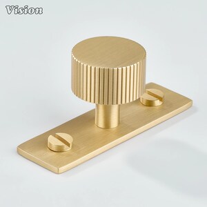 Puede incluir: Un pomo de armario dorado con un asa cilíndrica y acanalada y una base rectangular. Se ven dos tornillos en la base. La palabra "Vision" está en la esquina superior izquierda.